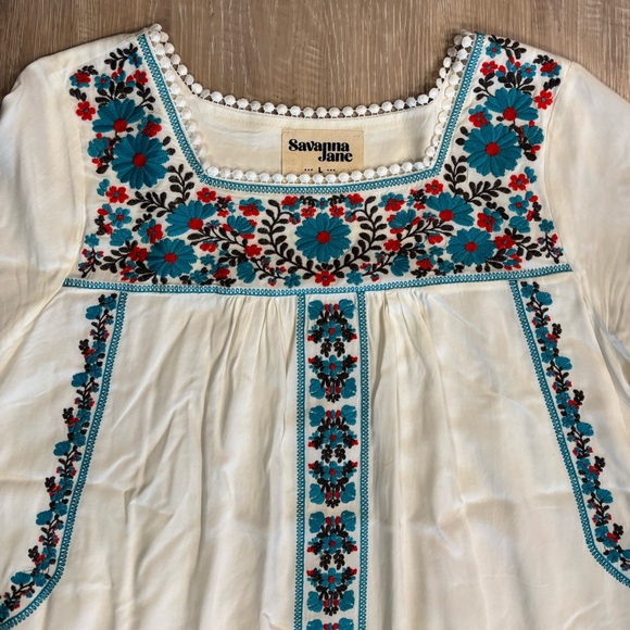 Savanna Jane Floral Embroidered Short Sleeve Rayon Top Size Large Cream Teal Red - Picture 4 of 8